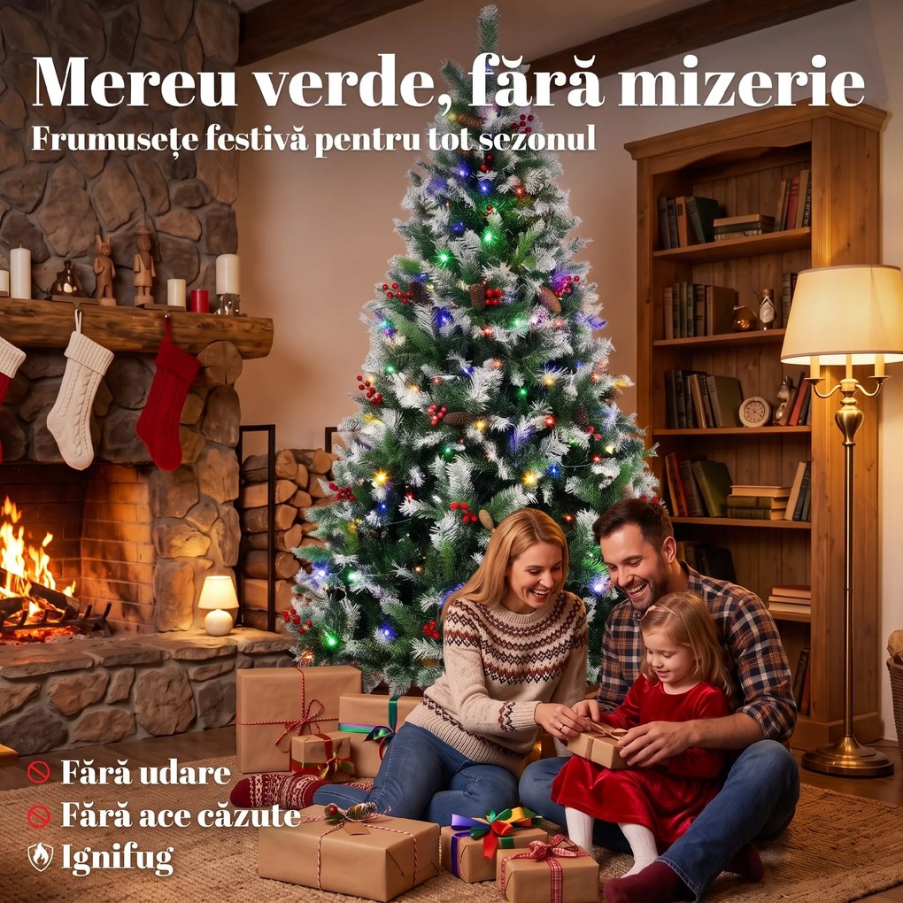 HOMCOM Brad de Crăciun Nins 180 cm, 250 LED-uri Bicolore, Telecomandă, 11 Moduri, 840 Ramuri, Conuri, Bobițe Roșii | Aosom Romania