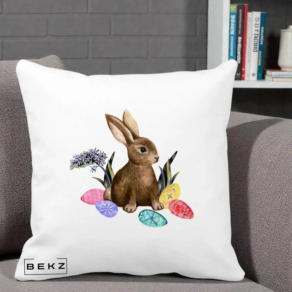 Perna Decorativa Iepuras cu Oua de Pasti Acuarela, 40x40 cm, Alba Mata, Husa Detasabila, Perna Inclusa, BEKZ®
