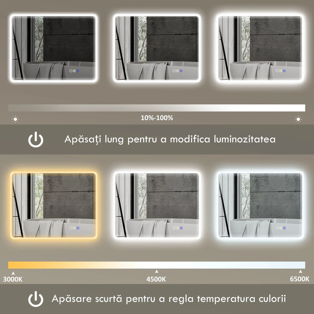 HOMCOM Oglindă de baie LED bluetooth 70 x 90 cm interruptor tactil lumină reglabilă 3 culori anti-abur memorie argintiu | Aosom Romania