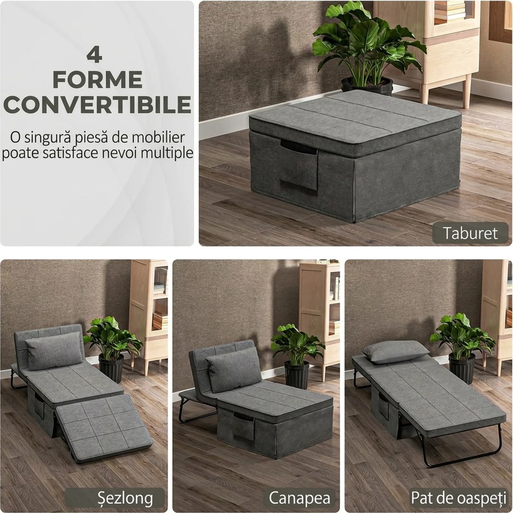HOMCOM Pat Pliabil Multifuncțional 4 în 1, Șezlong cu Economie de Spațiu, cu Spătar Rabatabil pe 5 Niveluri, 188x75x38 cm, Gri | Aosom Romania