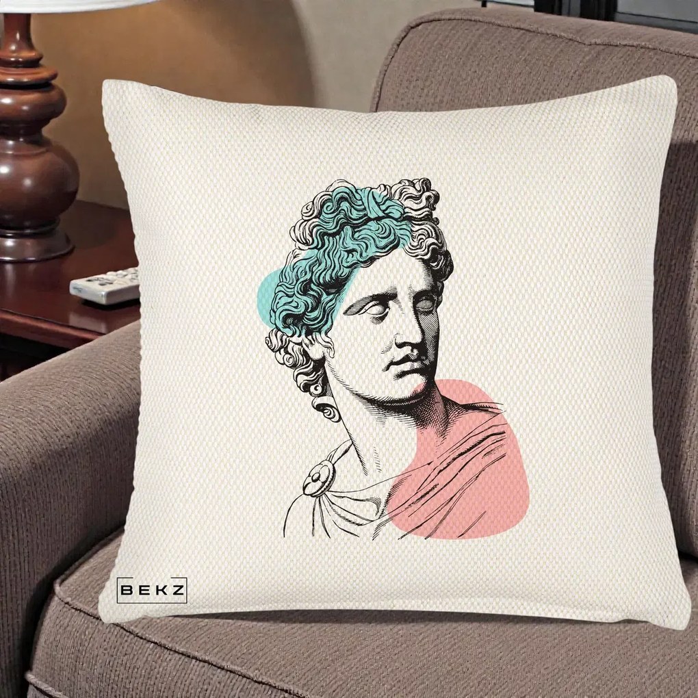 Perna Decorativa Bust Grec Vaporwave, 40x40 cm, Crem Reliefat, Husa Detasabila, Perna Inclusa, BEKZ®