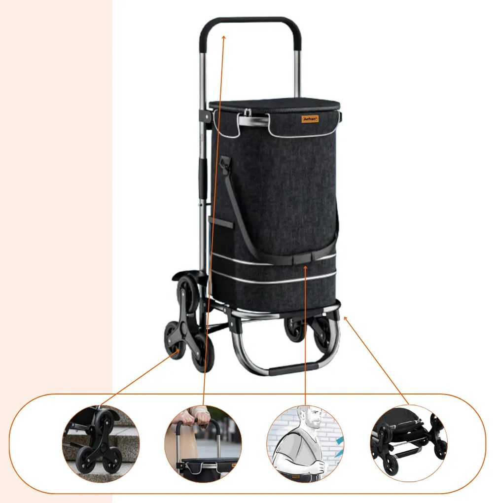Geantă de cumpărături pe roți pentru scări COMFORT, 50L, negru Jurhan