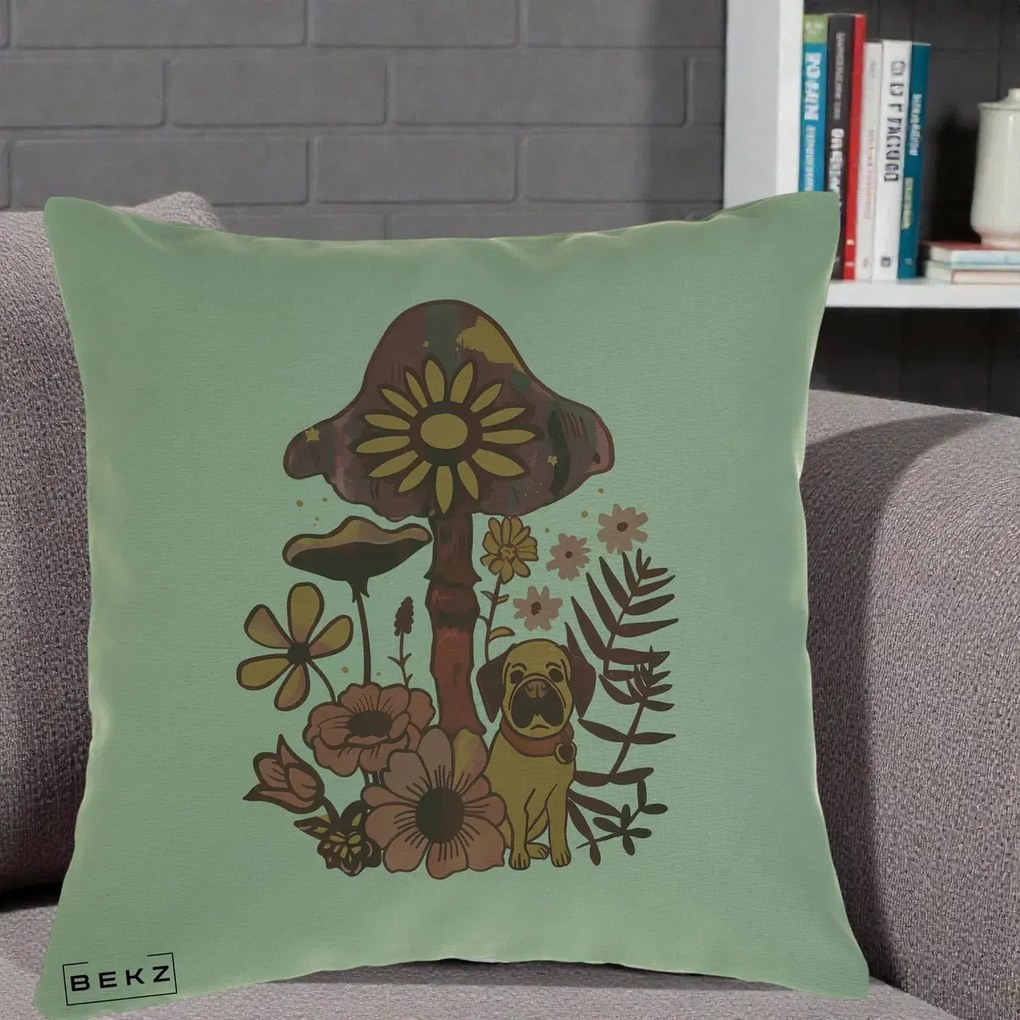 Perna Decorativa Ciuperca Caine Boho, 40x40 cm, Verde, Husa Detasabila, Perna Inclusa, BEKZ®