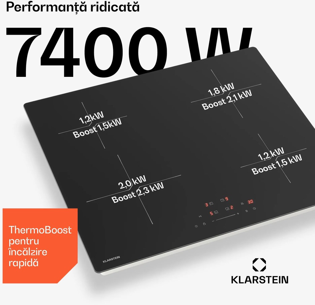 Klarstein Plită cu inducție PowerGlide | suprafață rezistentă la zgârieturi | 4 zone de gătit | 7400 W | 60 cm