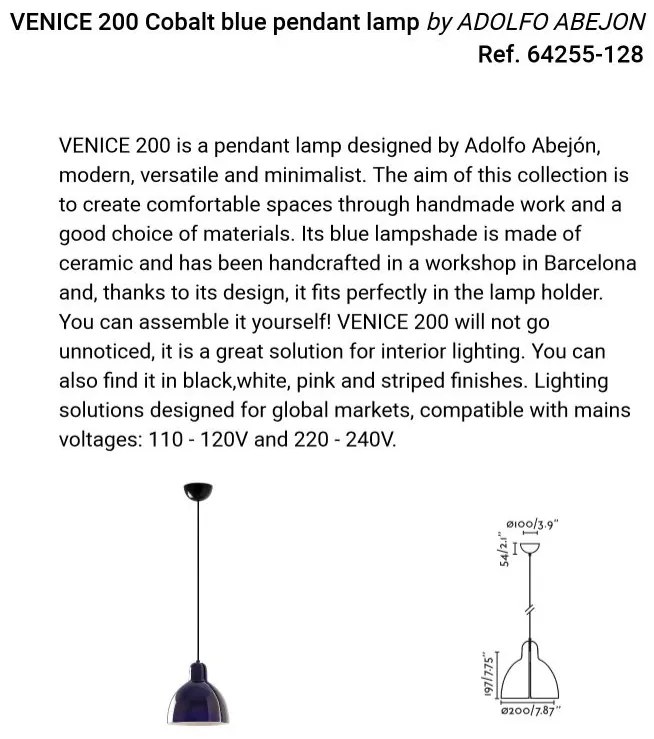Pendul cu abajur ceramic realizat manual VENICE 200, albastru