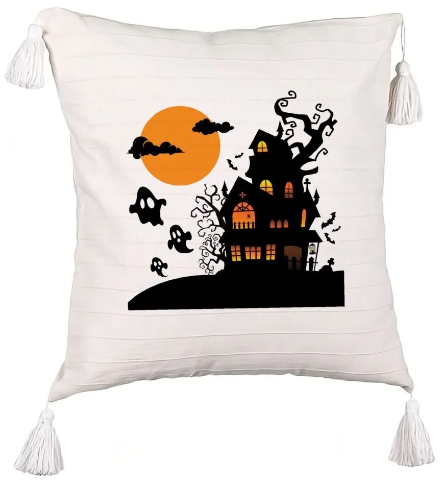 Perna Decorativa cu Franjuri cu motiv de Halloween 4, 45x45 cm, Ecru, Cu fermoar