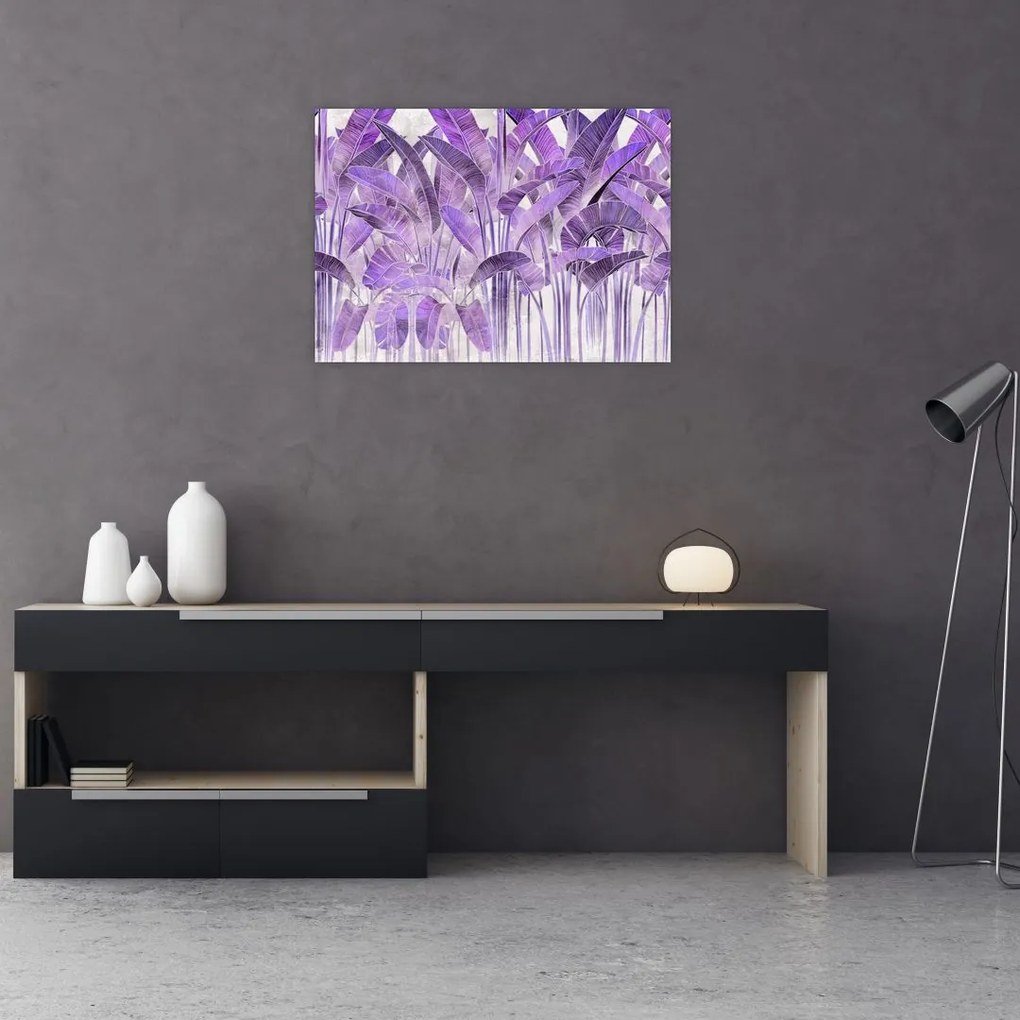 Tablou pe sticlă - Frunze violet în tencuială (70x50 cm)