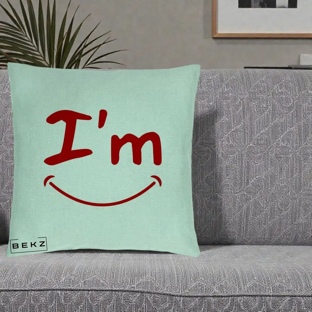 Perna Decorativa I'm Happy Smile, 40x40 cm, Verde Menta, Husa Detasabila, Perna Inclusa, BEKZ®
