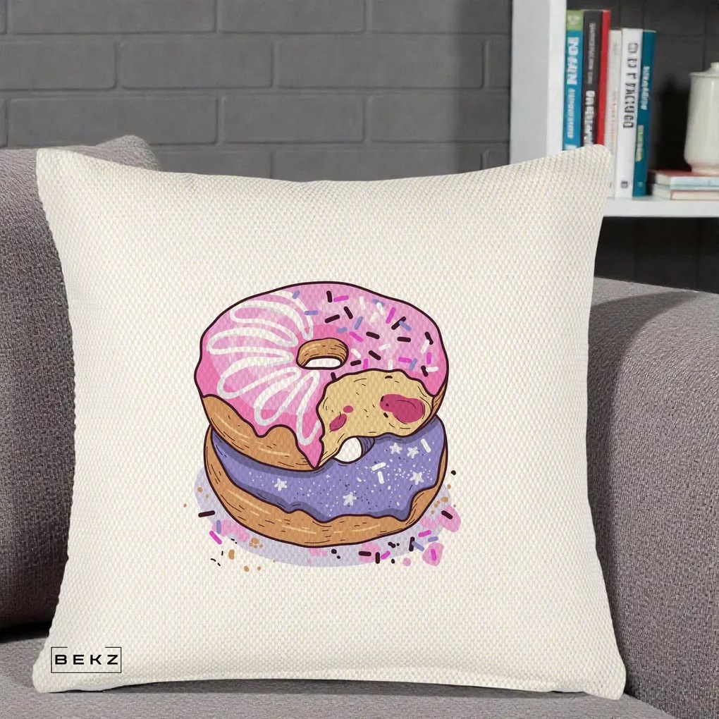Perna Decorativa Donuts Roz si Mov, 40x40 cm, Crem Reliefat, Husa Detasabila, Perna Inclusa, BEKZ®