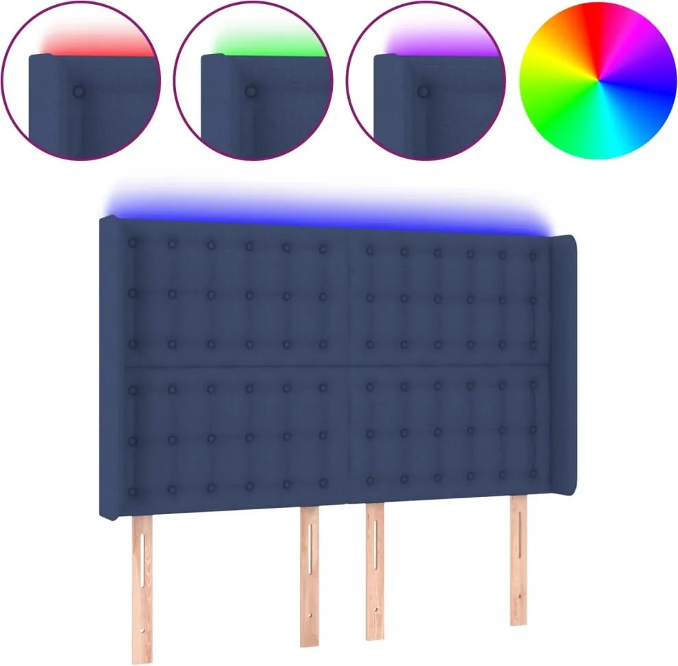 vidaXL Tăblie de pat cu LED, albastru, 147x16x118/128 cm, textil