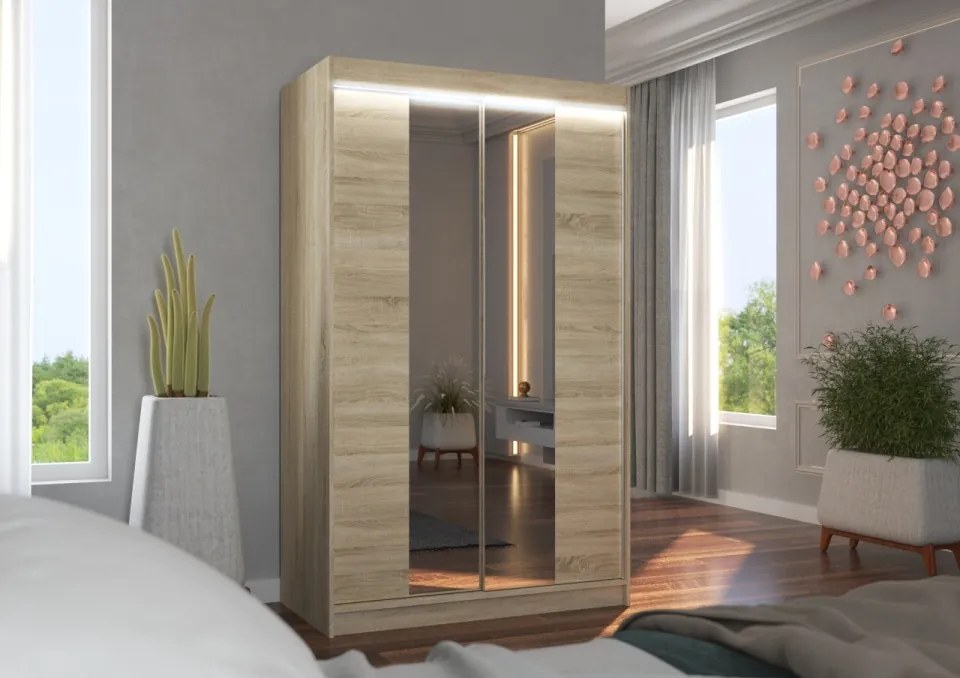 Dulap cu usi glisante si oglinda + iluminare LED, Marvin 120 + LED, 120 cmx200 cmx58 cm, ADRK Furniture (Culoare: Alb / Negru)