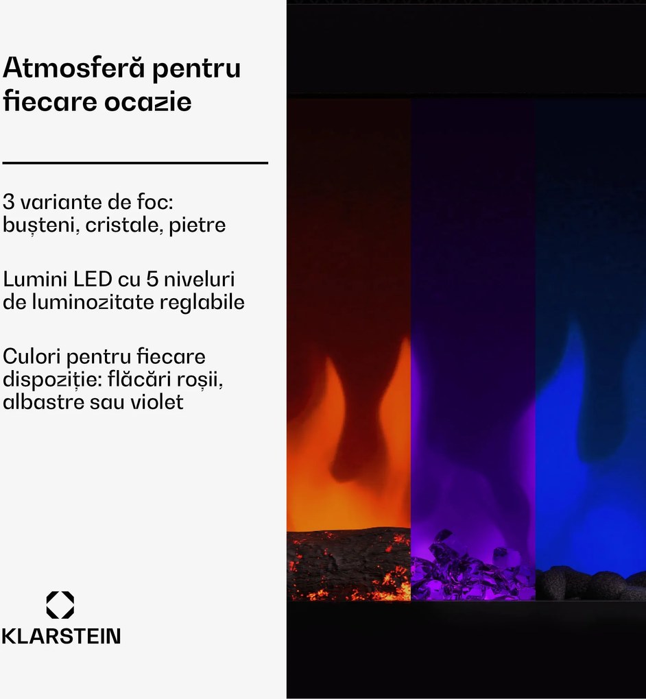 Klarstein Șemineu electric inteligent Galeras Smart, 2 setări de temperatură, 16 - 30°| Iluzia flăcării LED, Opțiune de conectare IOT