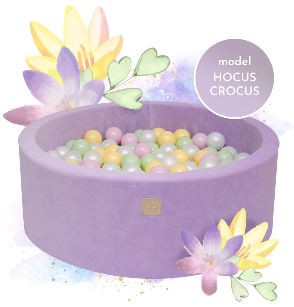 Piscina uscata cu 250 de bile (Pastel Roz si Galben, verde deschis, alb perlat) MeowBaby  , Hocus Crocus, 90x30 cm, Catifea Lila