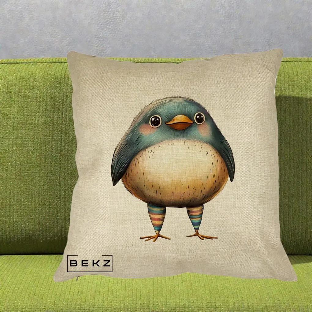 Perna Decorativa Pasare Teal-Bej cu Sosete Curcubeu, 40x40 cm, Crem, Husa Detasabila, Perna Inclusa, BEKZ®