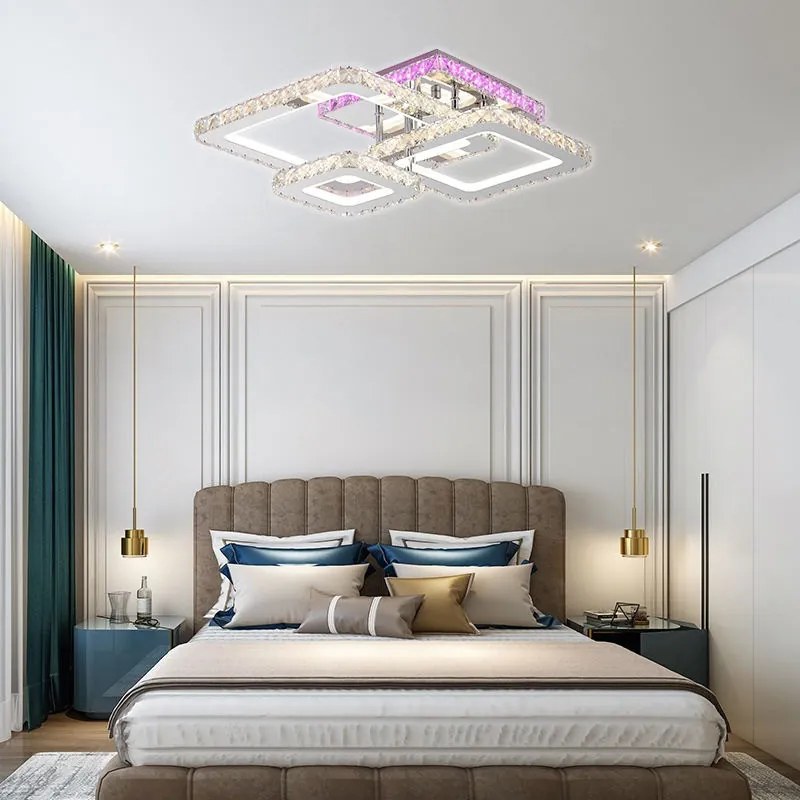 Lustra LED Cu Telecomanda, Elit's, Cristal, 3 Patrate, Alb, 80W RGB