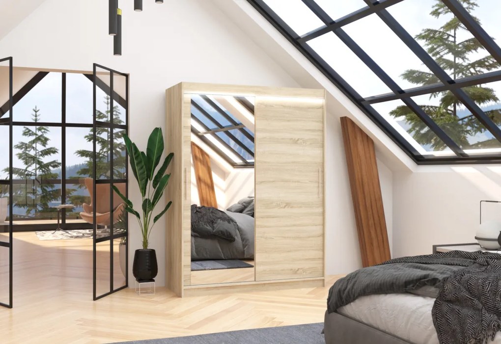 Expedo Dulap cu usi glisante si oglinda ROSATO, 150x200x58, sonoma + LED