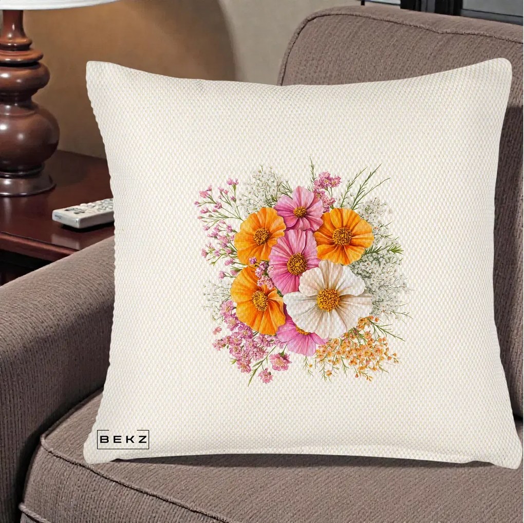Perna Decorativa Buchet Cosmos Portocaliu Roz si Alb, 40x40 cm, Crem Reliefat, Husa Detasabila, Perna Inclusa, BEKZ®