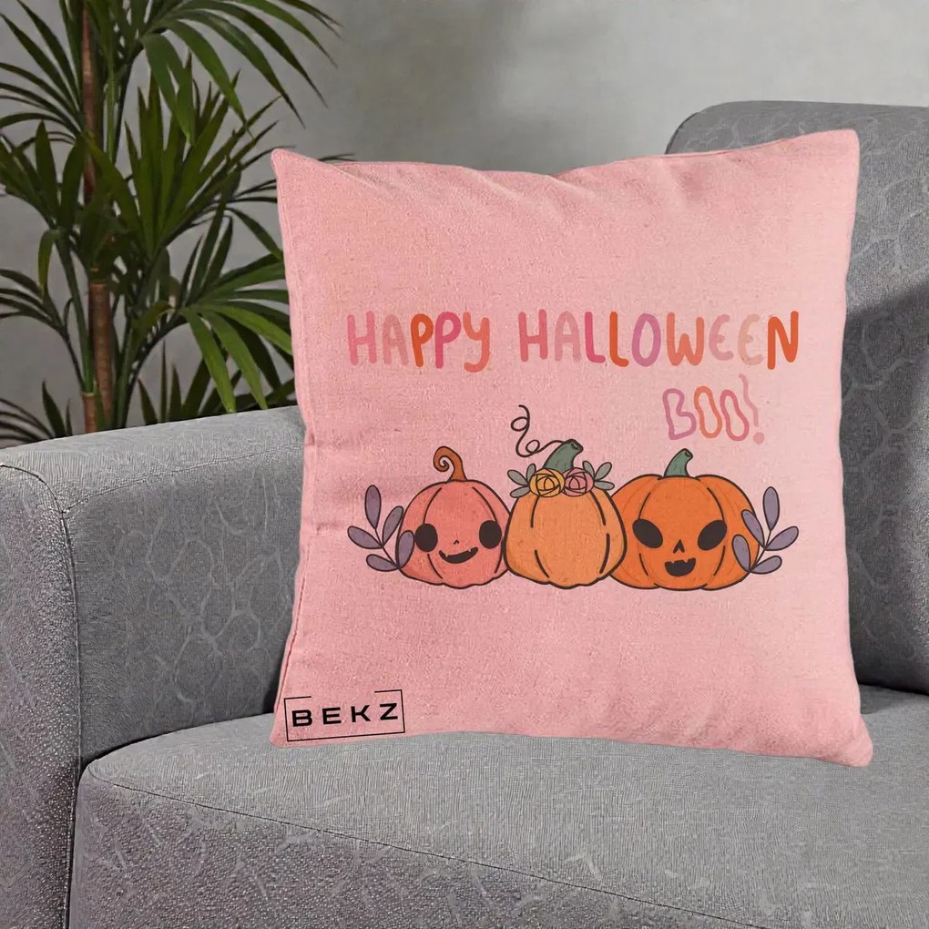Perna Decorativa Happy Halloween Boo Trei Dovlecei Kawaii, 40x40 cm, Roz, Husa Detasabila, Perna Inclusa, BEKZ®