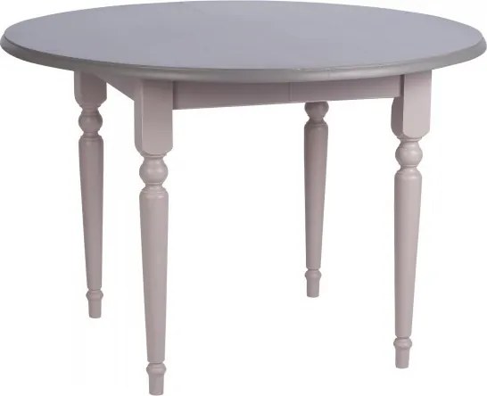 Masă dining extensibilă rotundă din lemn masiv, gri, 4–5 locuri, cu prelungitor și picioare strunjite, finisaj patinat, 78 x 116 cm, „Provence”