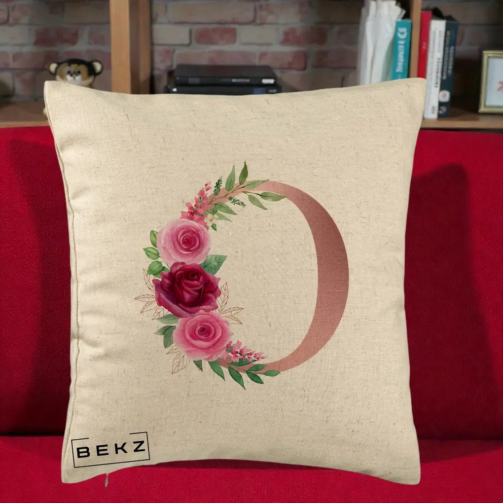 Cadou Personalizat - Perna Personalizata Monograma Rose Gold Litera O, 40x40 cm, Bej, Husa Detasabila, Perna Inclusa, BEKZ®