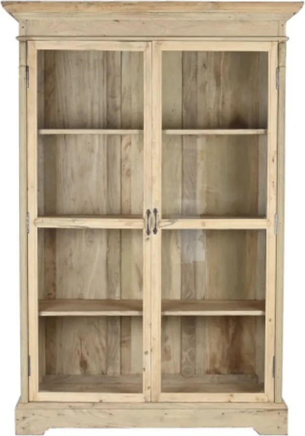 Vitrină rustică din lemn reciclat, natur, cu 2 uși vitrate, 3 rafturi și console sculptate, finisaj natural, 209 x 130 x 55 cm, „Pastel”