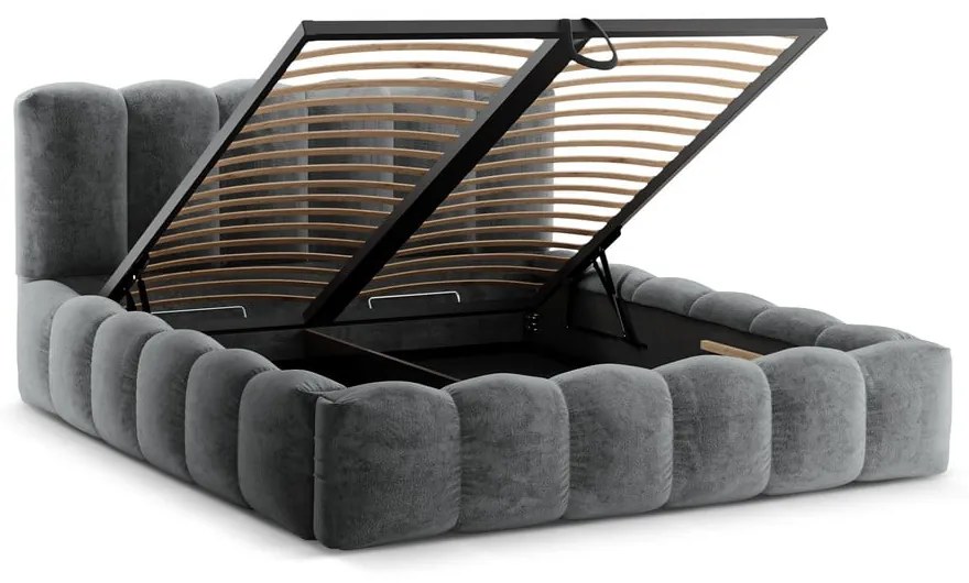 Pat matrimonial gri tapițat cu spațiu de depozitare cu somieră 200x200 cm Lupine – Micadoni Home