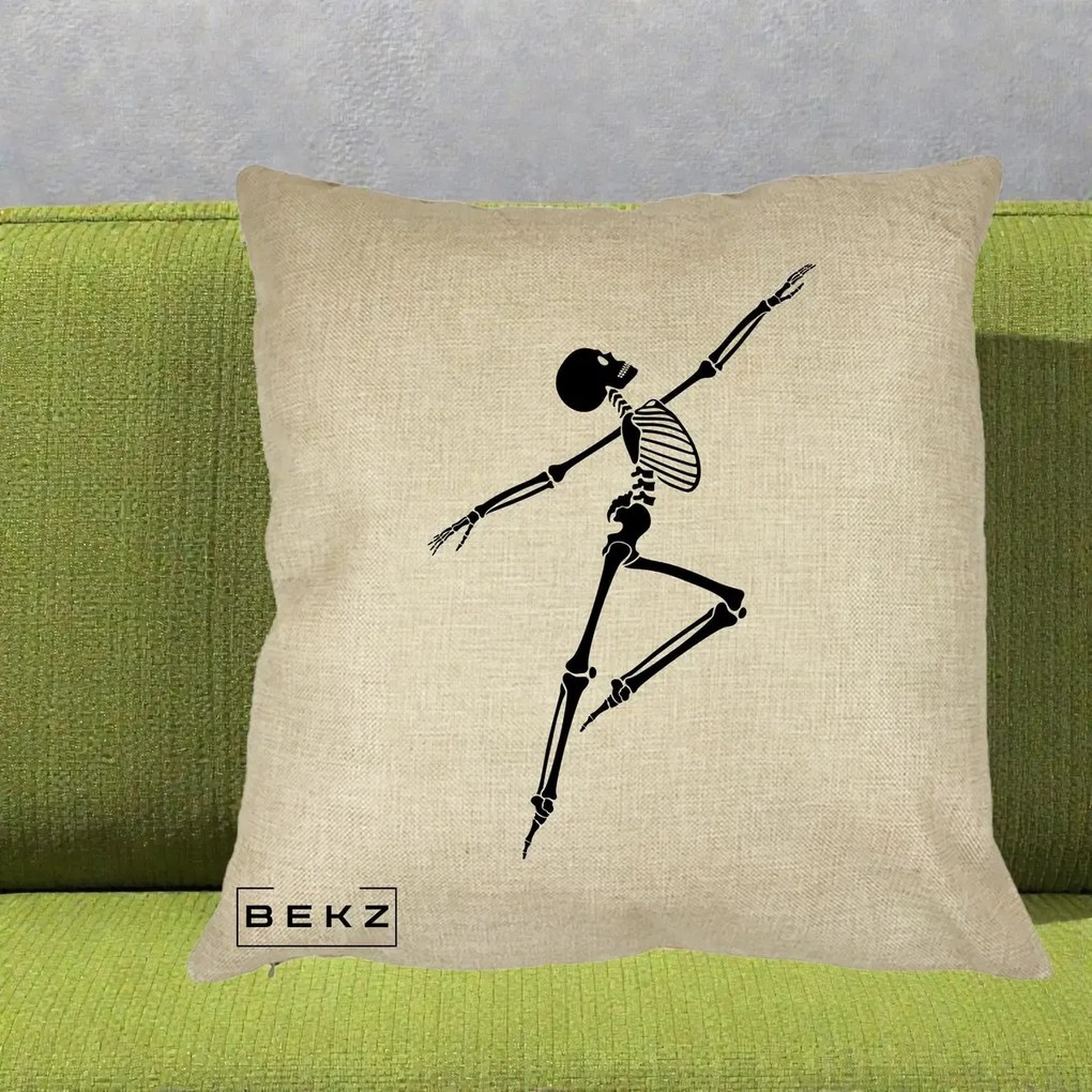 Perna Decorativa Schelet Dansator Silueta Neagra Halloween, 40x40 cm, Crem, Husa Detasabila, Perna Inclusa, BEKZ®