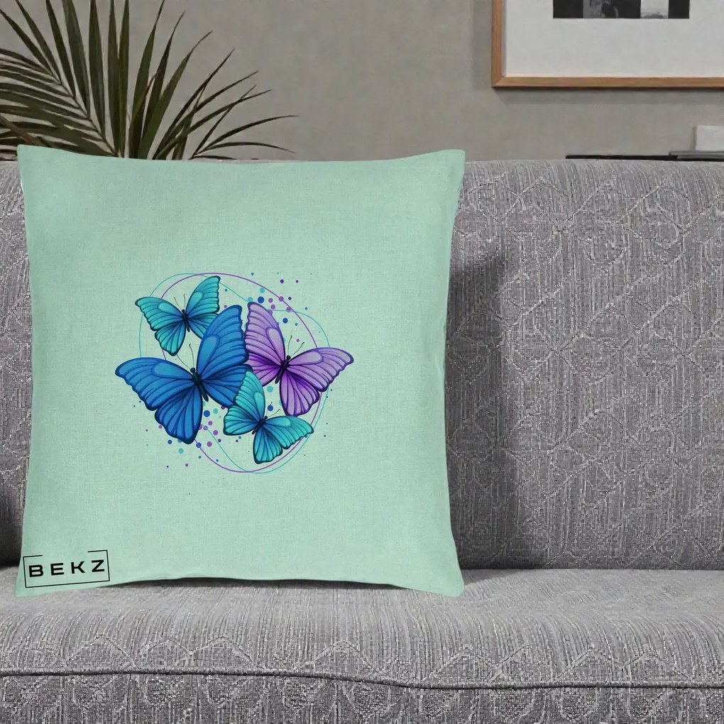 Perna Decorativa Patru Fluturi Turcoaz-Violet, 40x40 cm, Verde Menta, Husa Detasabila, Perna Inclusa, BEKZ®
