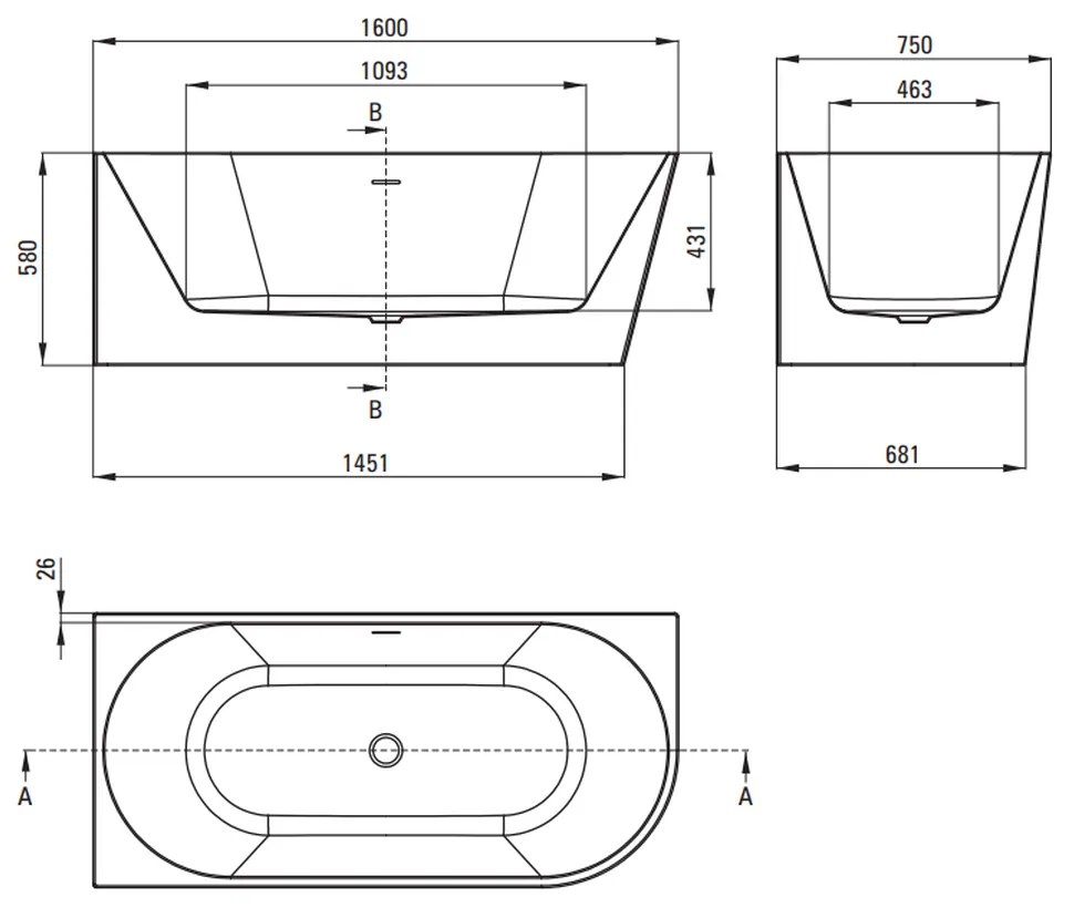 Cada baie freestanding Deante Silia, 160 x 75 cm, lipita de perete, orientare dreapta, alb lucios 1600x750 mm, Dreapta