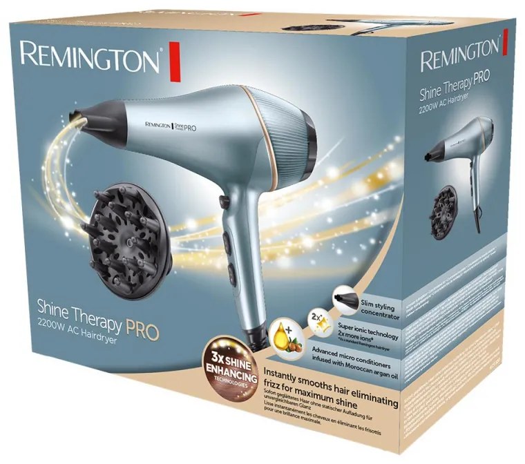 Resigilat: Uscator de par Remington AC9300 Shine Therapy Pro, 2200 W, Ionizare, motor AC, Cool Shot, Albastru