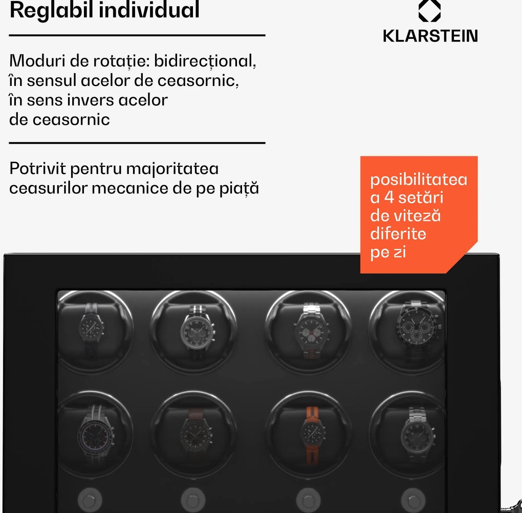 Klarstein Dispozitiv de întors ceasuri ChronoVault, 8+6 ceasuri, vegan, lucios, 4 moduri, Motor Mabuchi, LED, priză