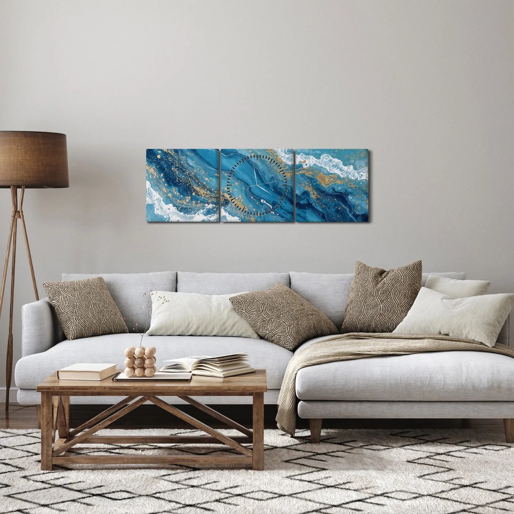 Tablou - Marmură bleu cu aur II. (cu ceas) (90x30 cm)