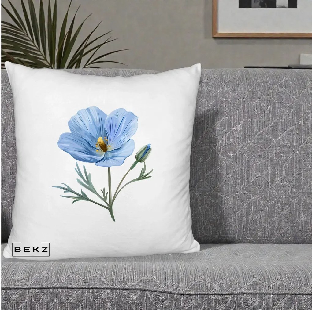 Perna Decorativa Mac Albastru Acuarela, 40x40 cm, Alb Pufos, Husa Detasabila, Perna Inclusa, BEKZ®