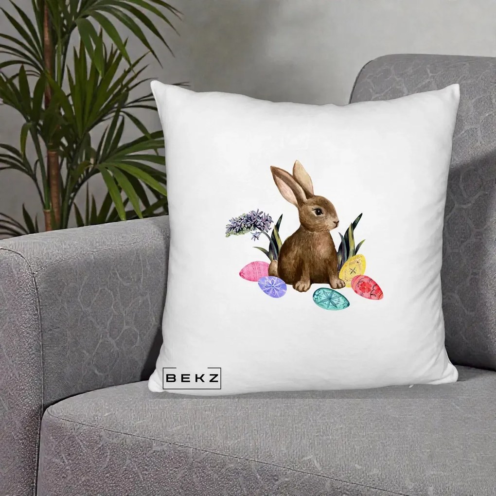 Perna Decorativa Iepuras cu Oua de Pasti Acuarela, 40x40 cm, Alb Pufos, Husa Detasabila, Perna Inclusa, BEKZ®