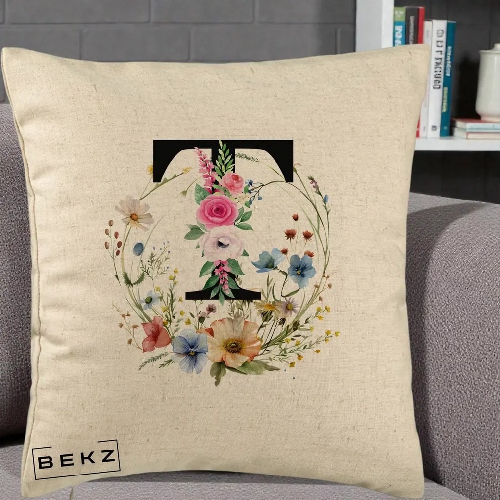 Cadou Personalizat - Perna Personalizata Monogram Litera T cu Flori Acuarela, 40x40 cm, Bej, Husa Detasabila, Perna Inclusa, BEKZ®