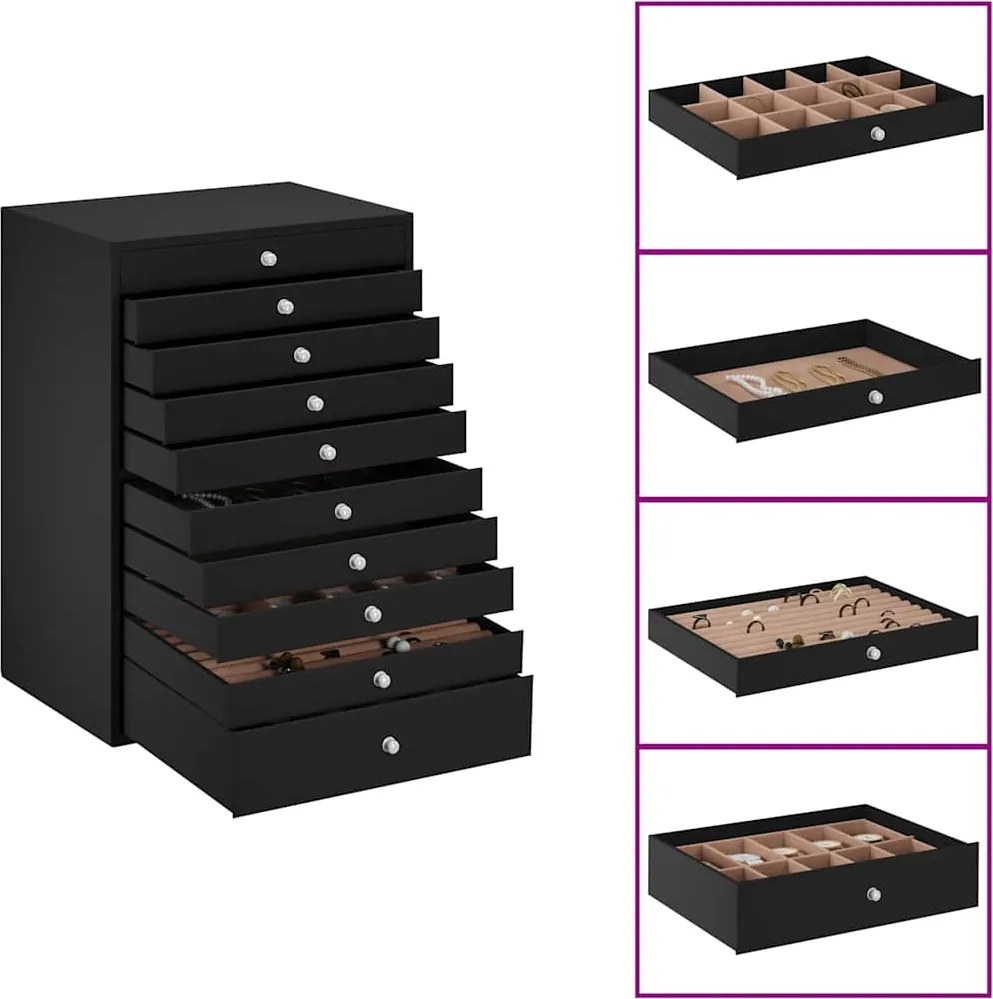 vidaXL Cutie de bijuterii cu 10 straturi și suporturi pentru ceasuri, neagră, 29x20,5x40,5 cm