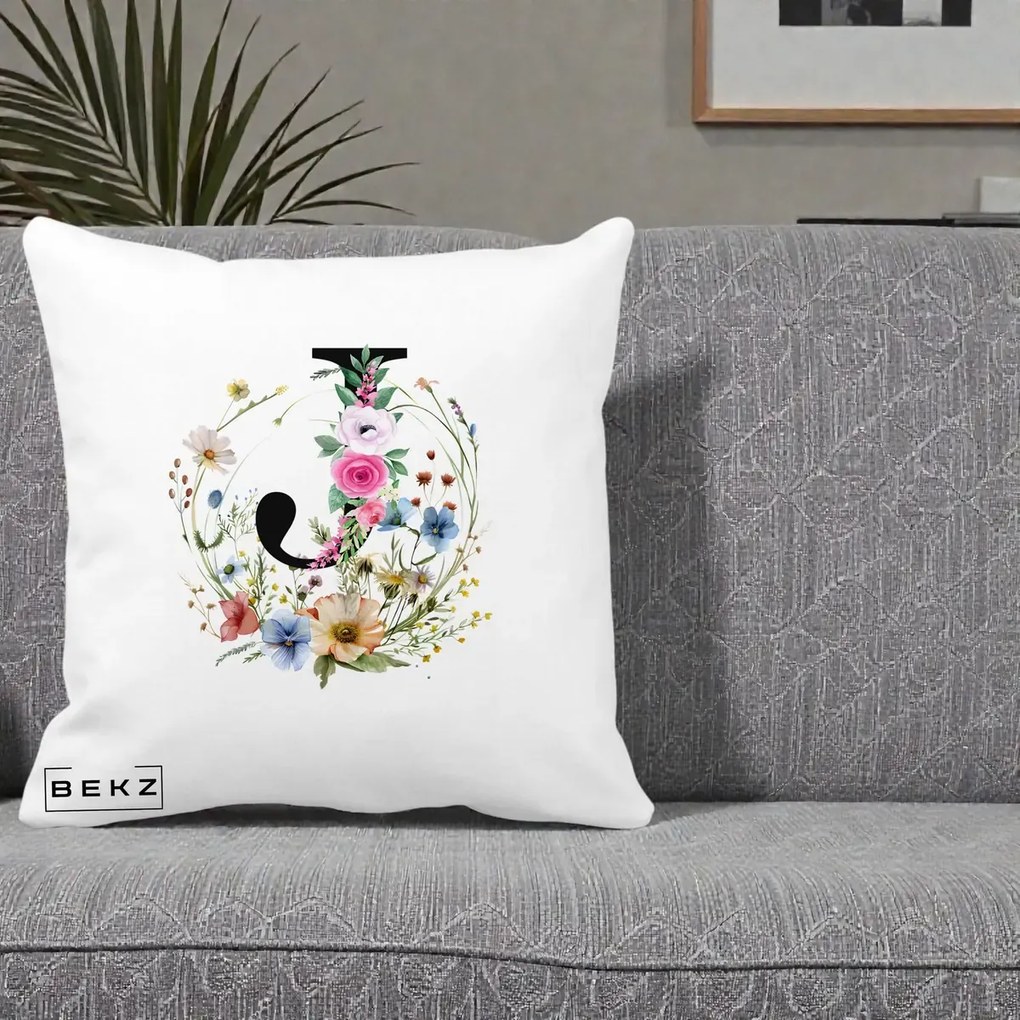 Cadou Personalizat - Perna Personalizata Monogram Litera J cu Flori Acuarela, 40x40 cm, Alba Mata, Husa Detasabila, Perna Inclusa, BEKZ®
