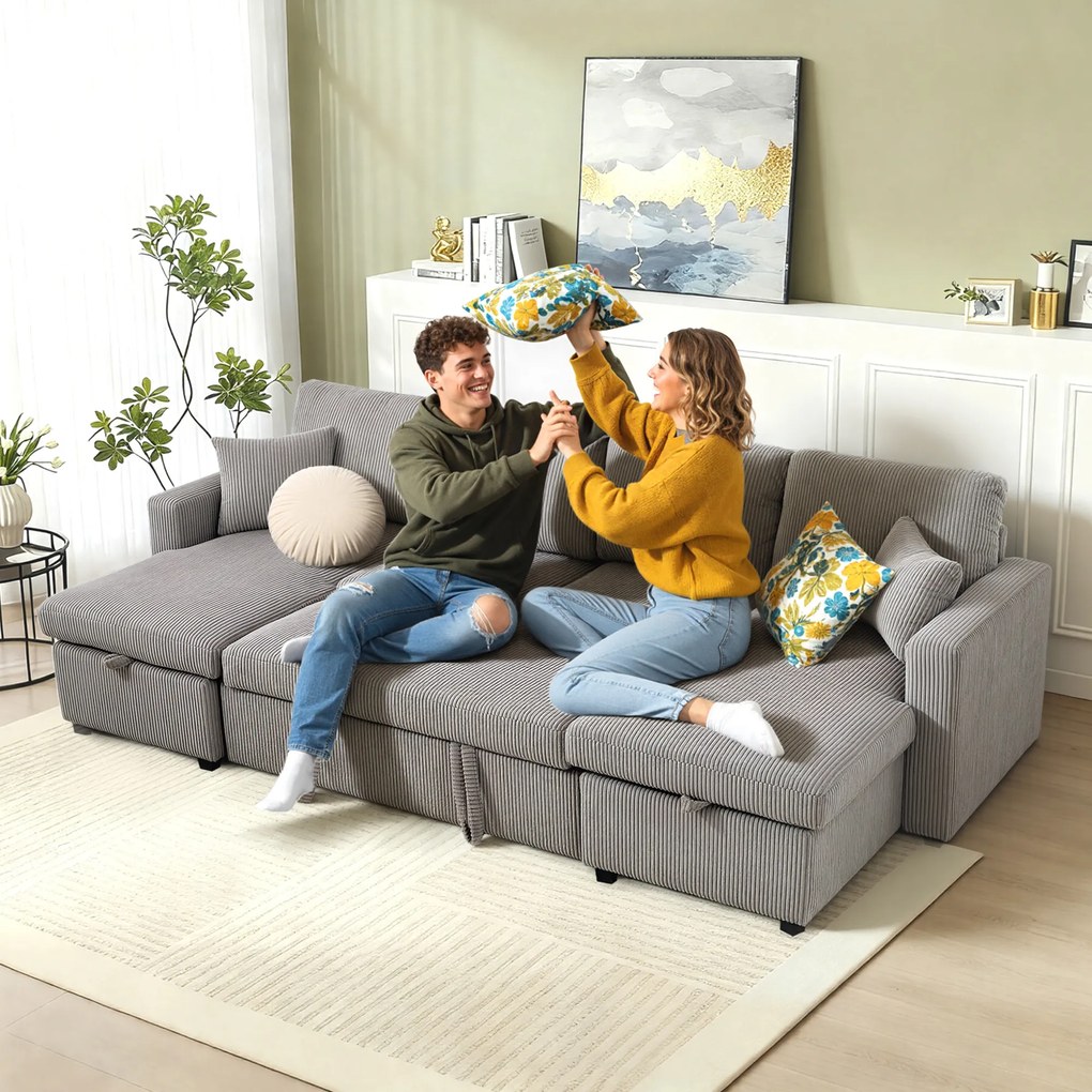 HOMCOM Canapea Extensibilă Modernă în Formă de U și Spații de Depozitare, Catifea Reiată, 282x140x86 cm, Gri | Aosom Romania