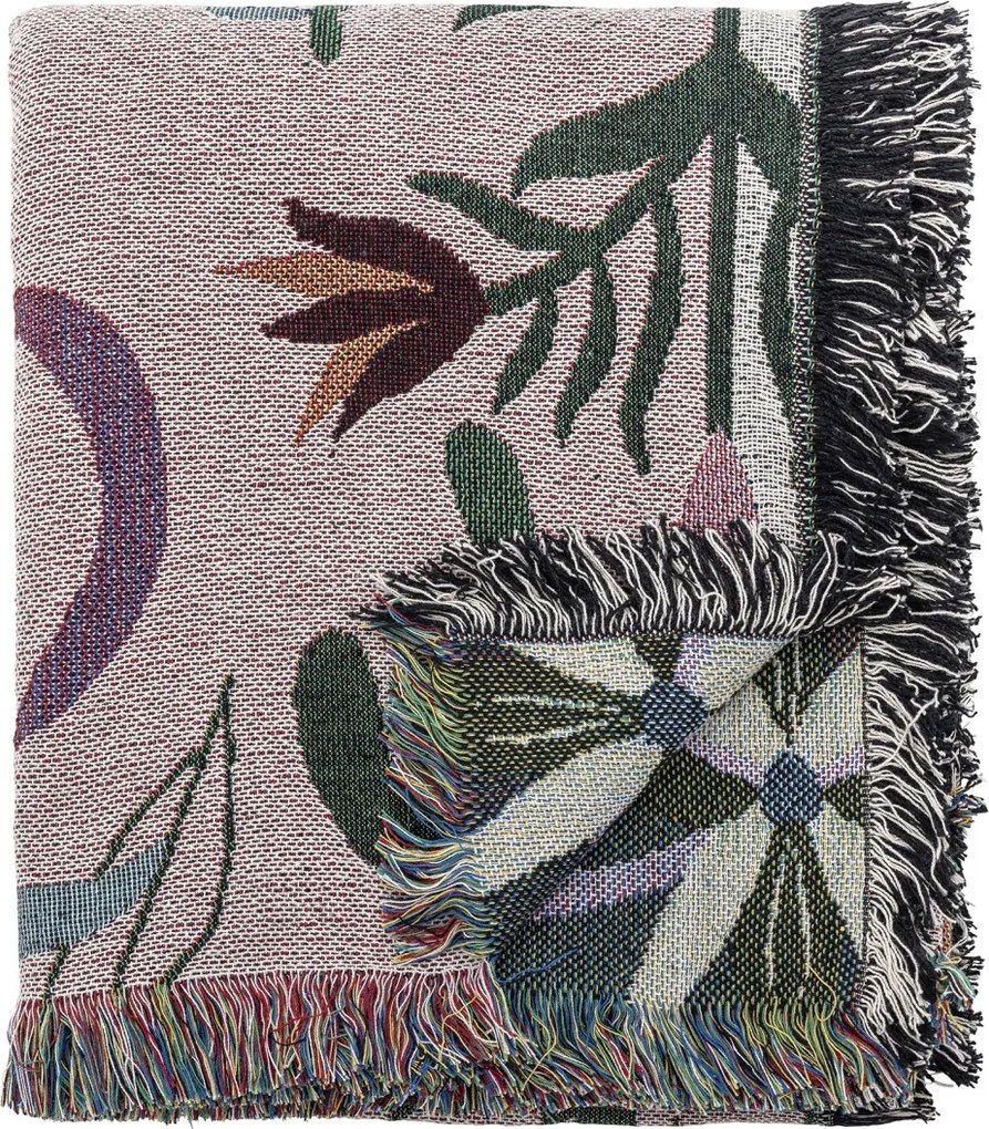 Pătură din bumbac reciclat, roz, cu model botanic și franjuri multicolore, „Yash", 160 x 130 cm