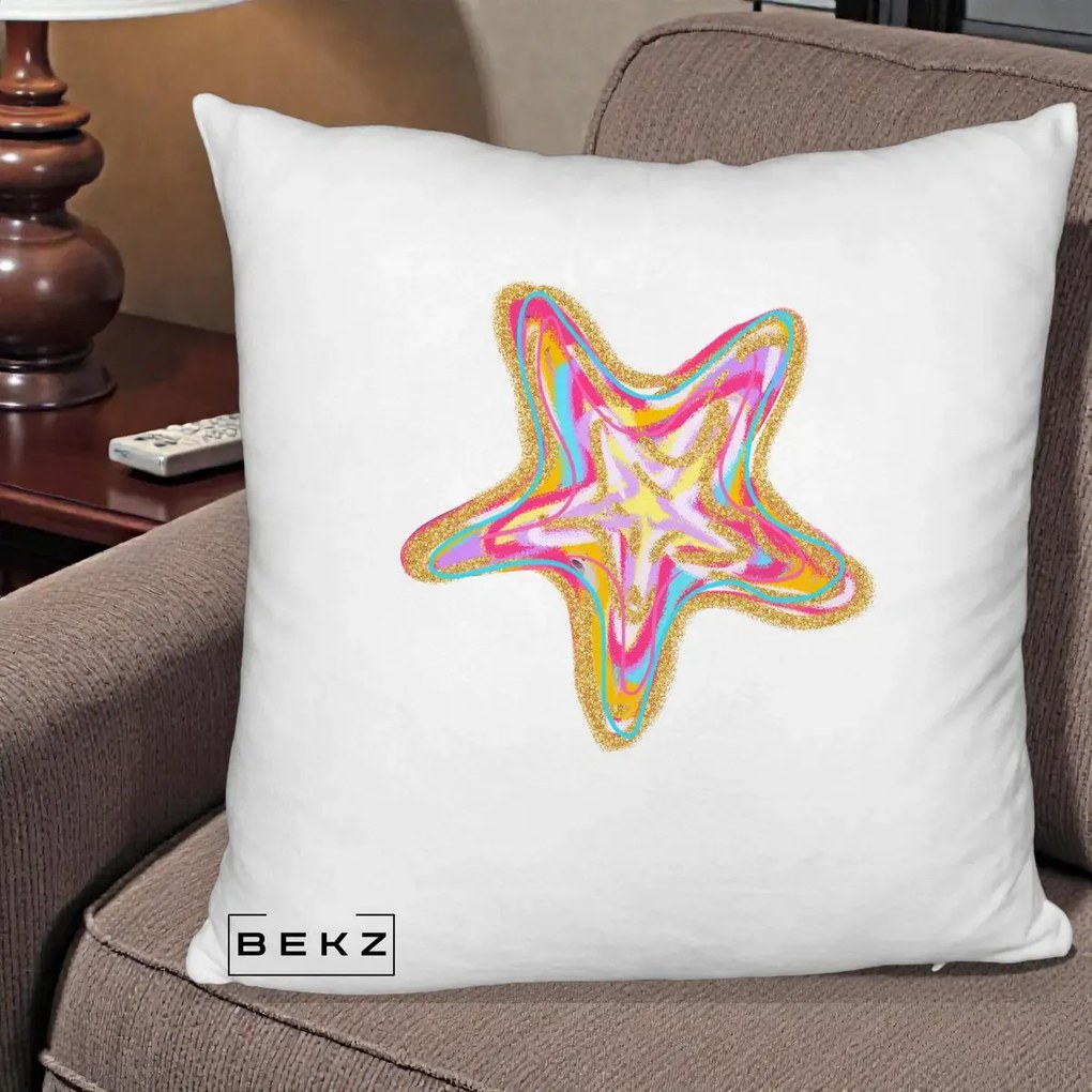 Perna Decorativa Stea de Mare Neon Curcubeu, 40x40 cm, Alb Pufos, Husa Detasabila, Perna Inclusa, BEKZ®