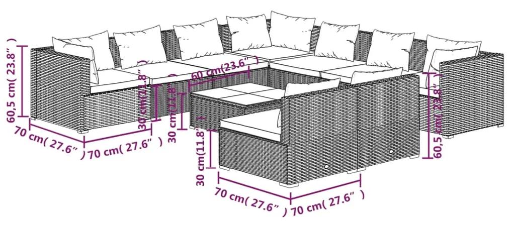 Set mobilier de gradina cu perne, 10 piese, maro, poliratan maro si rosu scortisoara, 3x colt + 6x mijloc + masa, 1