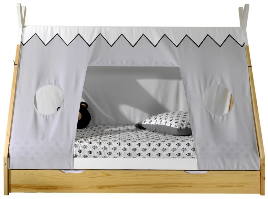 Set TIPI este format din Pat copii înalt fără gard (90 x 200 cm), un sertar în culoare culoare lemn natural și un set de textile asortate.