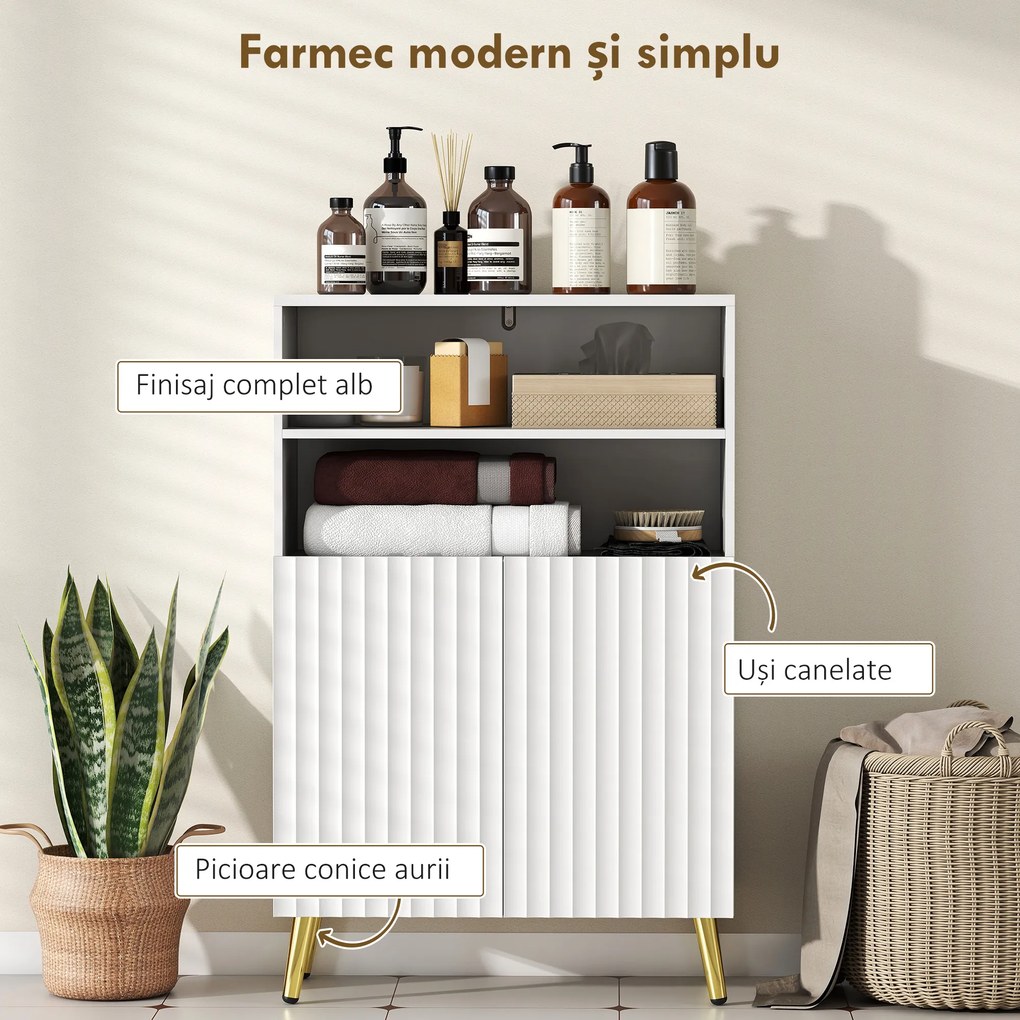 HOMCOM Dulap de Baie cu 2 Rafturi Deschise și Dulap, Dulap Compact cu Uși Amortizate, Raft Reglabil, pentru Bucătărie Living, 60x31.8x93 cm, Alb | Aosom Romania