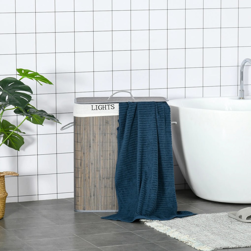 HOMCOM Cos de rufe 100L cu 2 cosuri bambus pliabil capac maner cu sac detasabil si lavabil gri | Aosom Romania