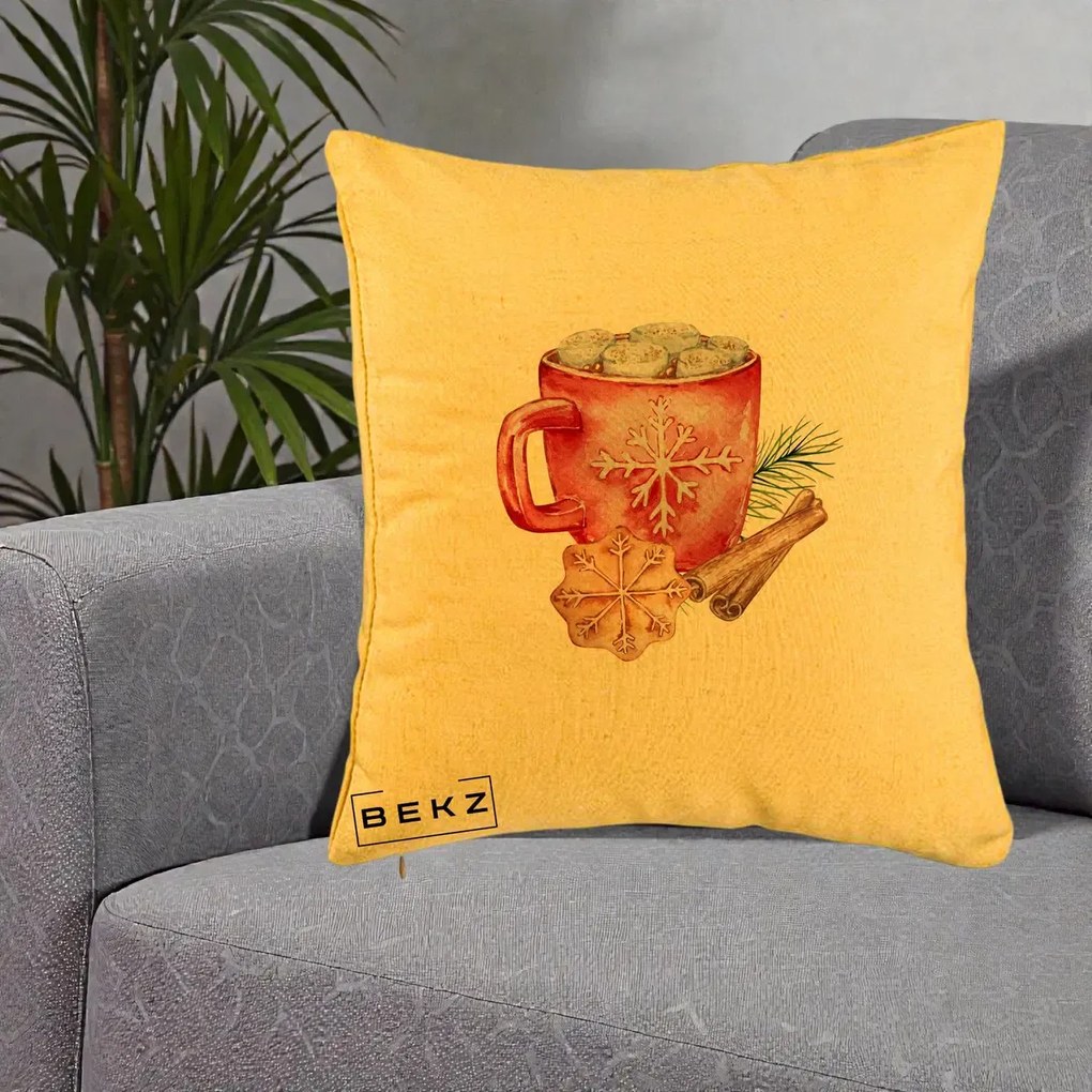 Perna Decorativa Cacao de Iarna cu Biscuit, 40x40 cm, Galben, Husa Detasabila, Perna Inclusa, BEKZ®