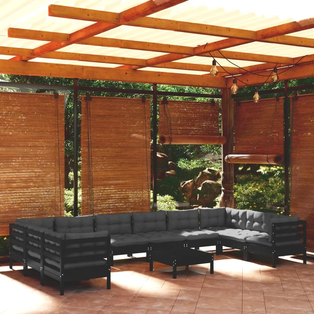 3097341 vidaXL Set mobilier grădină cu perne, 11 piese, negru, lemn de pin