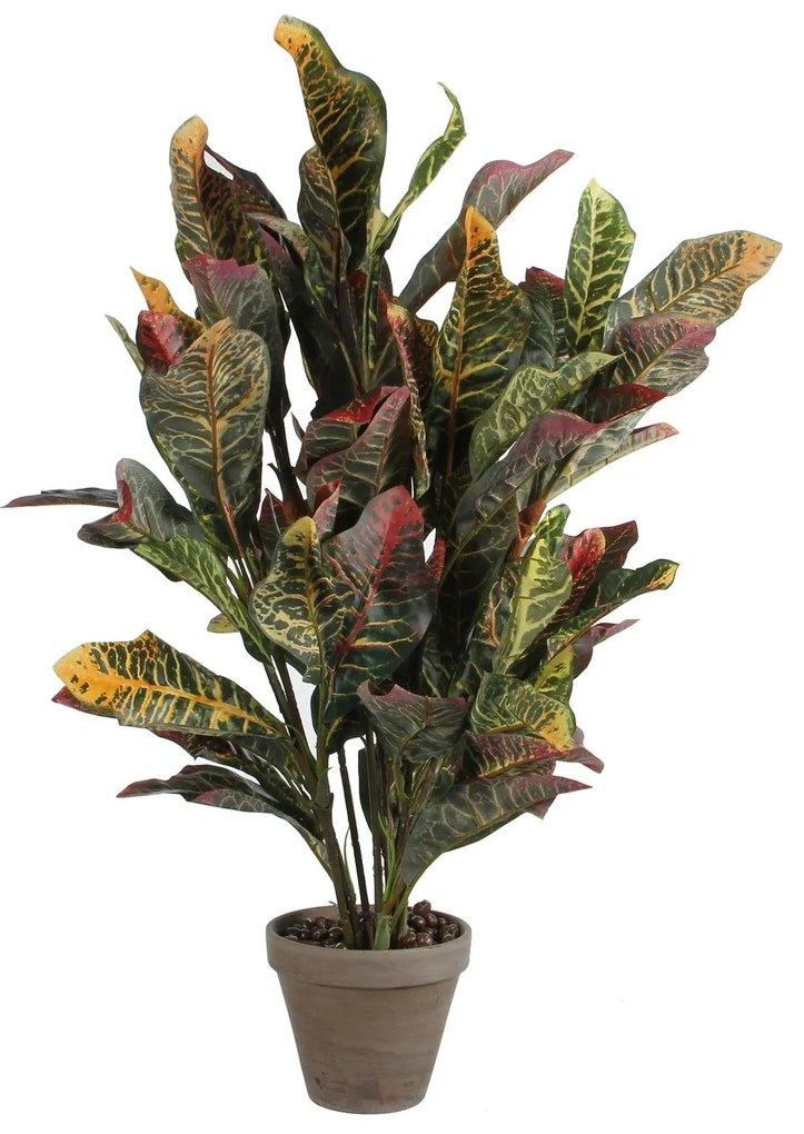 Planta artificiala Croton, Azay Design, cu frunze colorate si detalii realiste, din poliester, in ghiveci de ciment gri, pentru interior, inaltime 73 cm