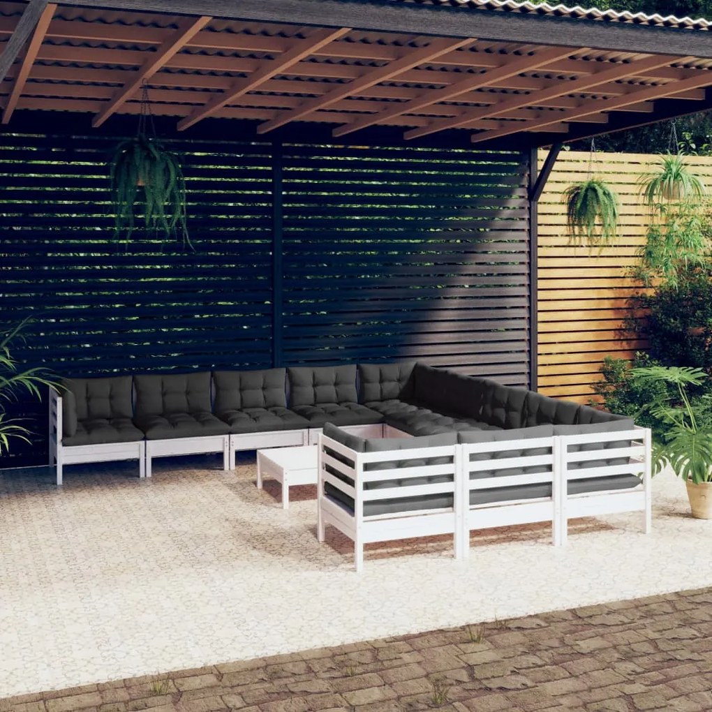 vidaXL Set mobilier grădină cu perne, 12 piese, alb, lemn de pin
