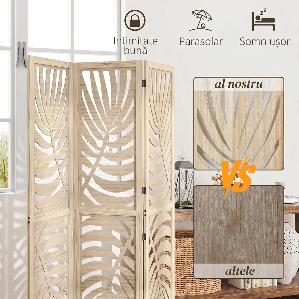 HOMCOM Paravan cu 3 Panouri, Separator Pliabil cu Design Frunze pentru Interior, Finisaj Natural | Aosom Romania