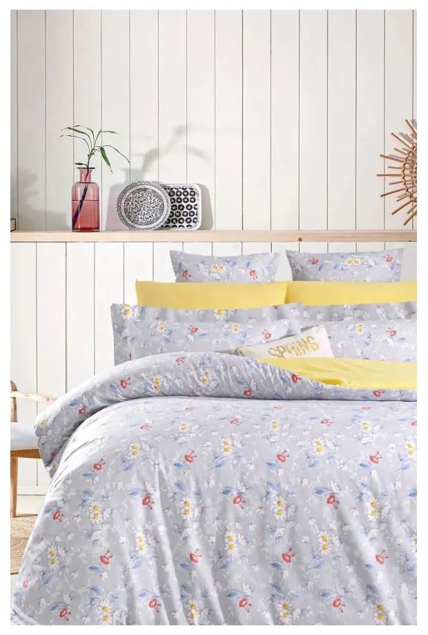 Lenjerie de pat galbenă/gri din bumbac ranforcé pentru pat dublu/extinsă cu cearceaf inclus/cu 4 piese 200x220 cm – Mila Home